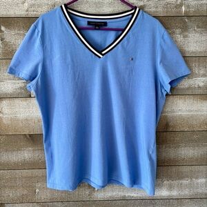 Tommy Hilfiger Women’s Light Blue V-Neck Tee with Striped Trim
